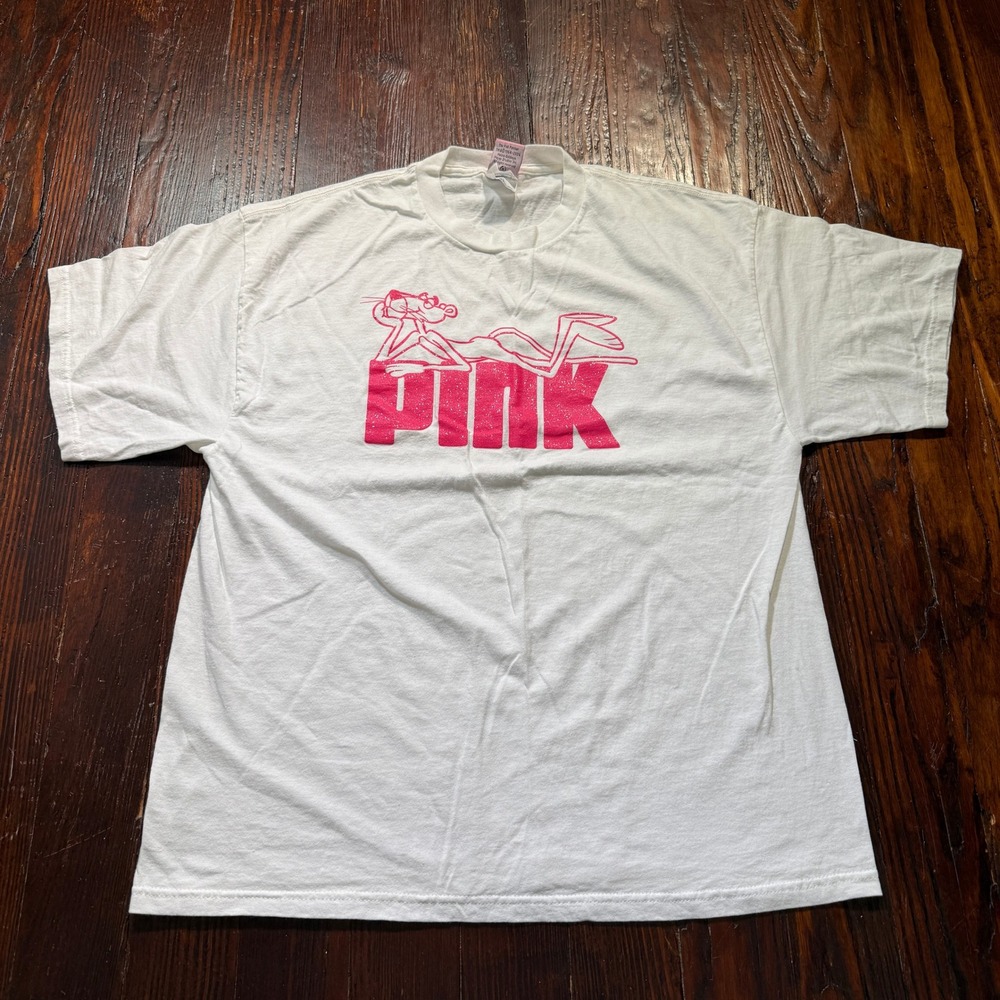 Vintage Pink Panther Graphic T Shirt‎ Women XL White Pink Glitter 2004 Delta Tee